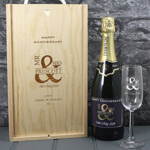 Load image into Gallery viewer, Single Champagne Bottle With A Printed Label With A Double Lasered Wooden Box and Engraved Glass- Anniversary