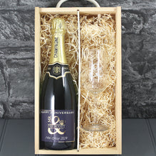 Load image into Gallery viewer, Single Champagne Bottle With A Printed Label With A Double Lasered Wooden Box and Engraved Glass- Anniversary
