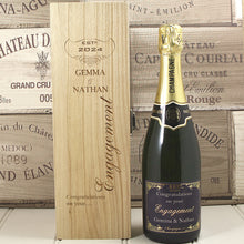 Load image into Gallery viewer, Single Bottle With A Custom Printed Label And Lasered Wooden Box- Engagement