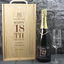 Load image into Gallery viewer, Single Champagne Bottle With A Printed Label With A Double Lasered Wooden Box and Engraved Glass- 18th Birthday
