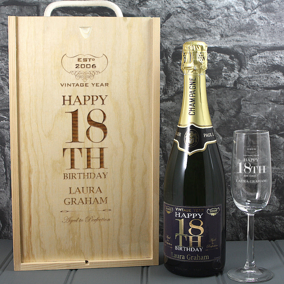 Single Champagne Bottle With A Printed Label With A Double Lasered Wooden Box and Engraved Glass- 18th Birthday
