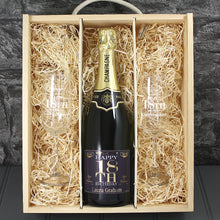 Load image into Gallery viewer, Single Champagne Bottle With A Printed Label, 2 Glasses &amp; Lasered Triple Wooden Box- 18th Birthday
