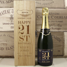 Load image into Gallery viewer, Single Bottle With A Custom Printed Label And Lasered Wooden Box- 21st Birthday
