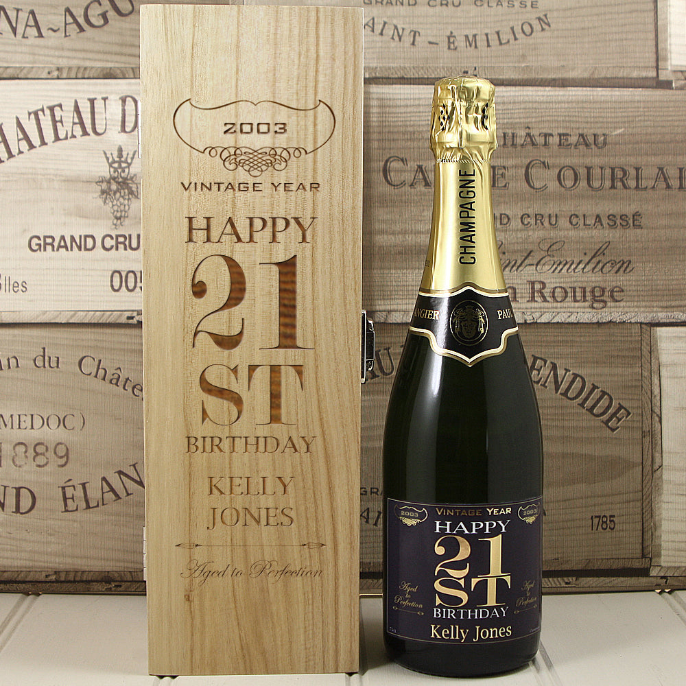 Single Bottle With A Custom Printed Label And Lasered Wooden Box- 21st Birthday