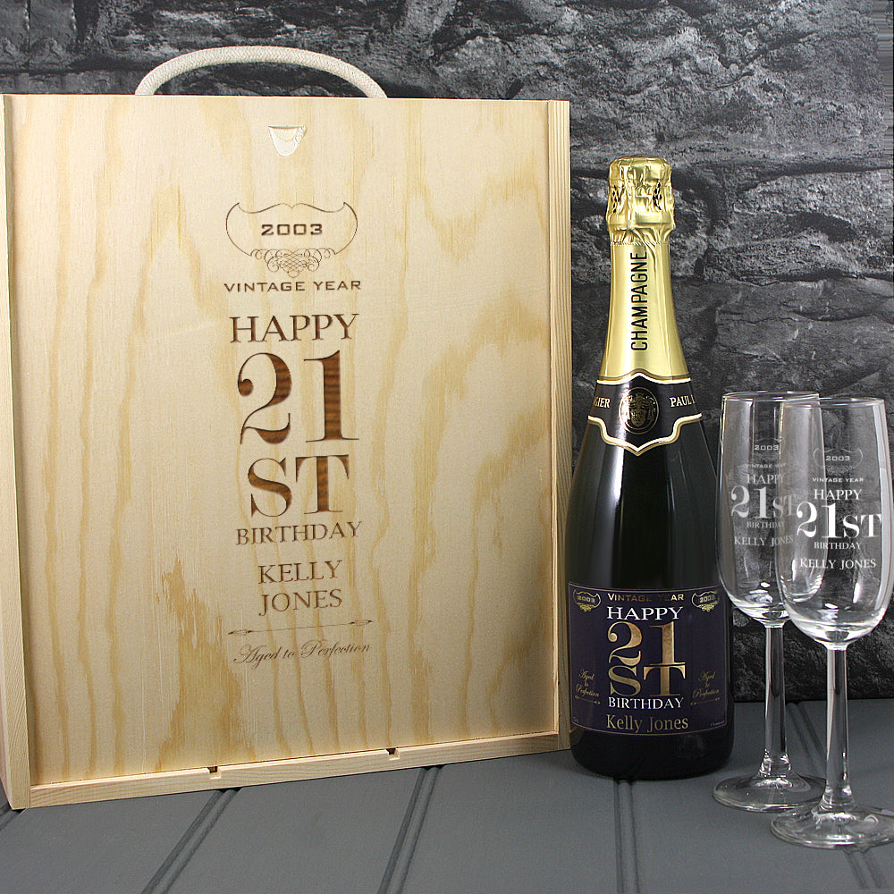 Single Champagne Bottle With A Printed Label, 2 Glasses & Lasered Triple Wooden Box- 21st Birthday
