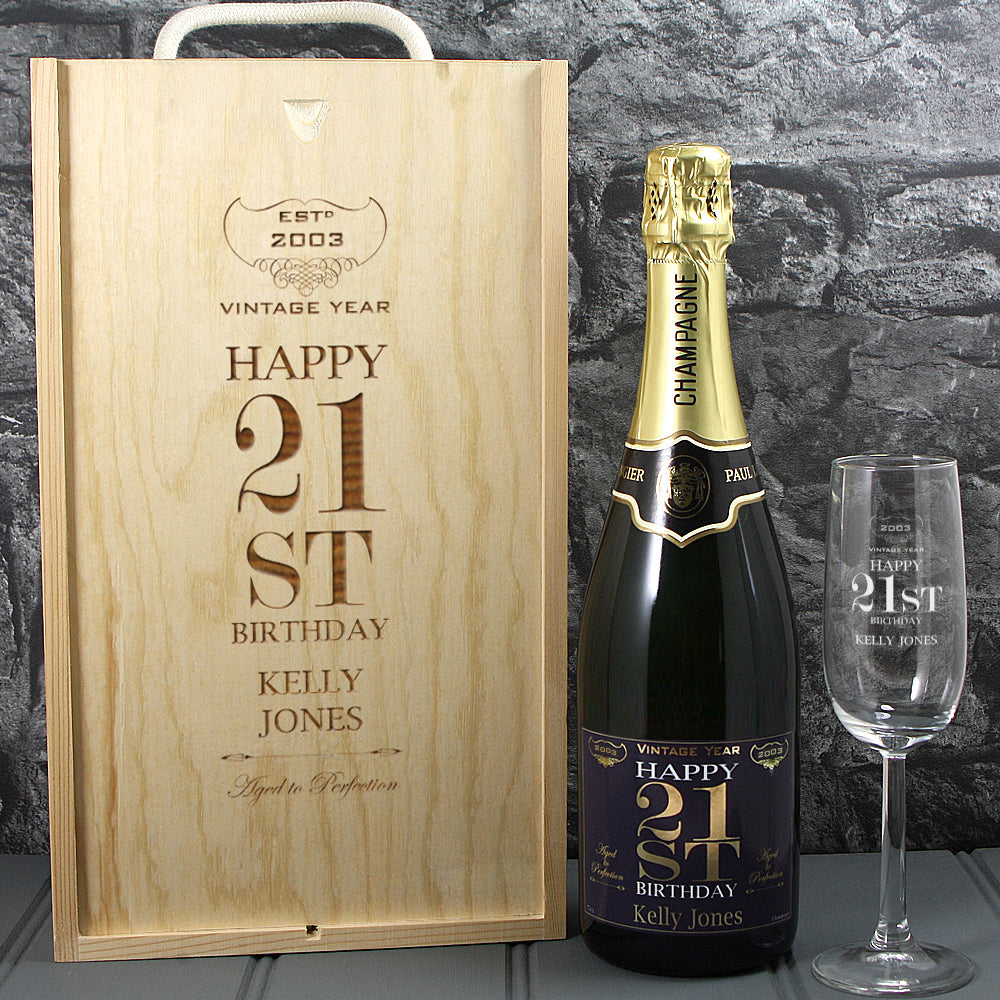 Single Champagne Bottle With A Printed Label With A Double Lasered Wooden Box and Engraved Glass- 21st Birthday