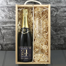 Load image into Gallery viewer, Single Champagne Bottle With A Printed Label With A Double Lasered Wooden Box and Engraved Glass- 21st Birthday

