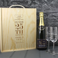 Load image into Gallery viewer, Single Bottle With A Printed Label, 2 Glasses &amp; Lasered Triple Wood Box- 25th Anniversary
