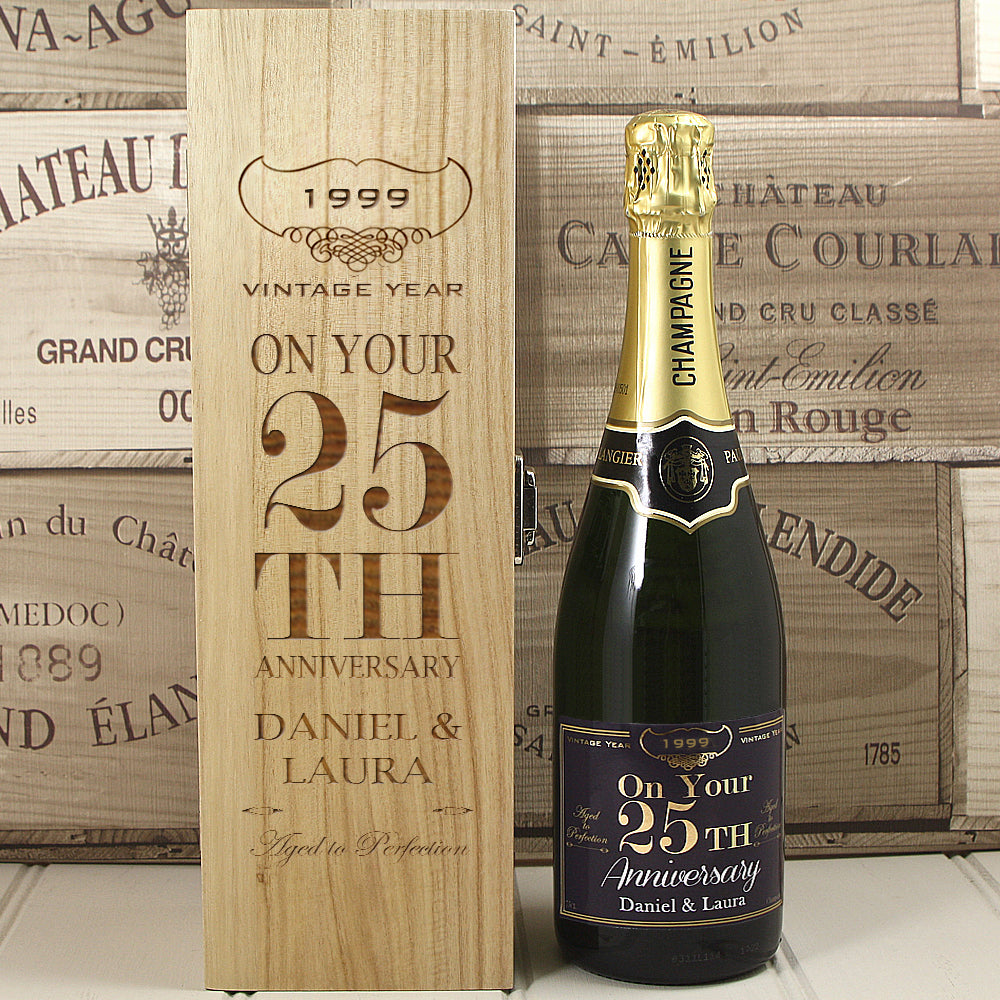 Single Bottle With A Custom Printed Label And Lasered Wooden Box- 25th Anniversary