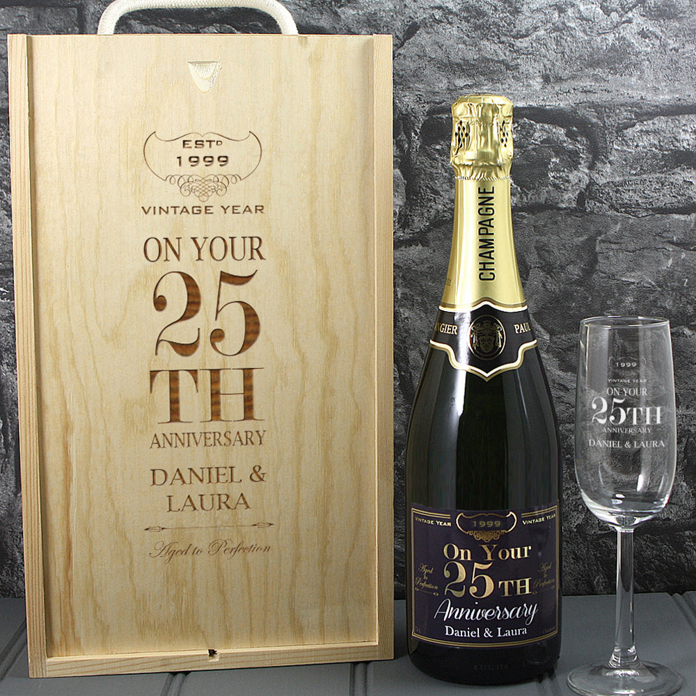 Single Champagne Bottle With A Printed Label With A Double Lasered Wooden Box and Engraved Glass- 25th Anniversary