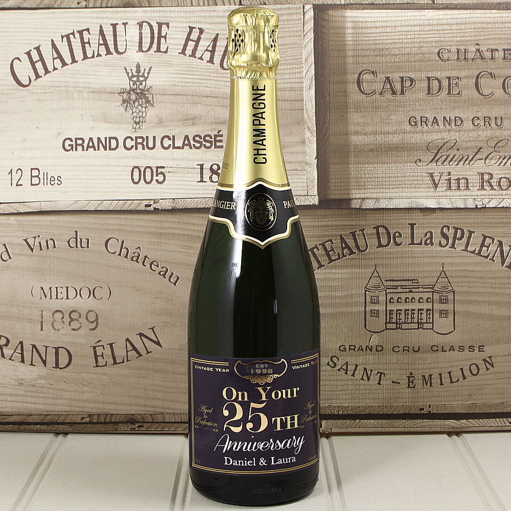 Single Bottle of Champagne with Printed 25th Wedding Anniversary Label