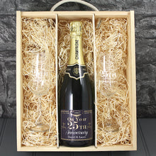 Load image into Gallery viewer, Single Bottle With A Printed Label, 2 Glasses &amp; Lasered Triple Wood Box- 25th Anniversary
