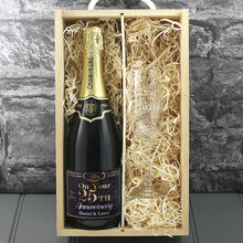 Load image into Gallery viewer, Single Champagne Bottle With A Printed Label With A Double Lasered Wooden Box and Engraved Glass- 25th Anniversary
