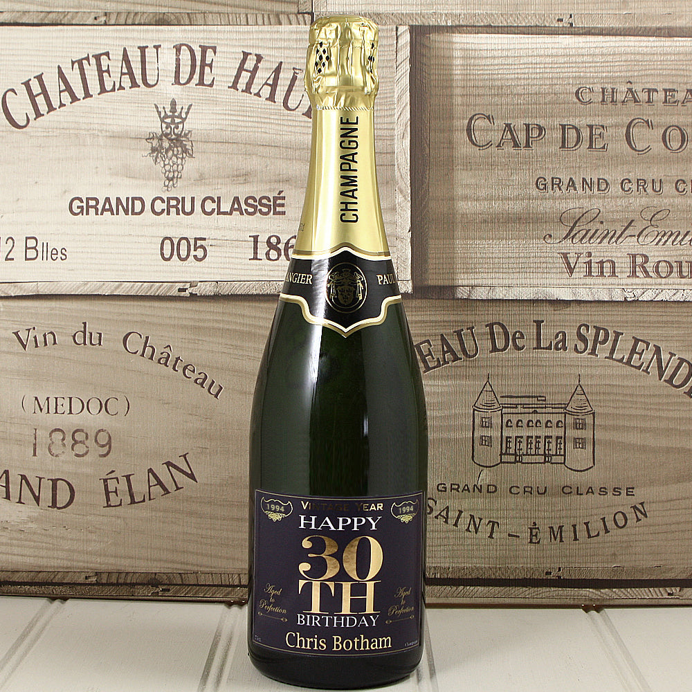Single Bottle of Champagne with Printed 30th Birthday Label