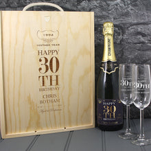 Load image into Gallery viewer, Single Champagne Bottle With A Printed Label, 2 Glasses &amp; Lasered Triple Wooden Box- 30th Birthday
