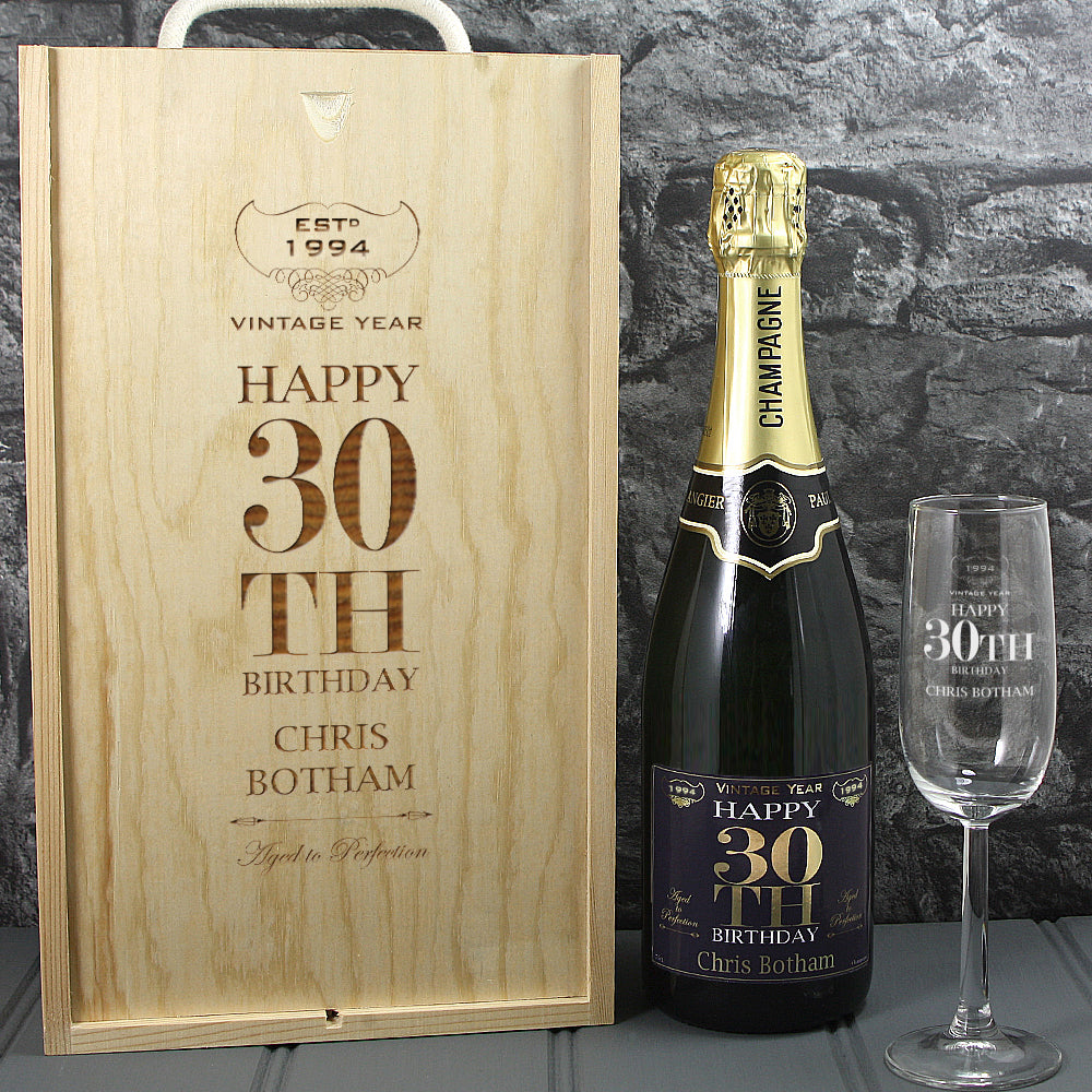 Single Champagne Bottle With A Printed Label With A Double Lasered Wooden Box and Engraved Glass- 30th Birthday