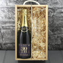 Load image into Gallery viewer, Single Champagne Bottle With A Printed Label With A Double Lasered Wooden Box and Engraved Glass- 30th Birthday
