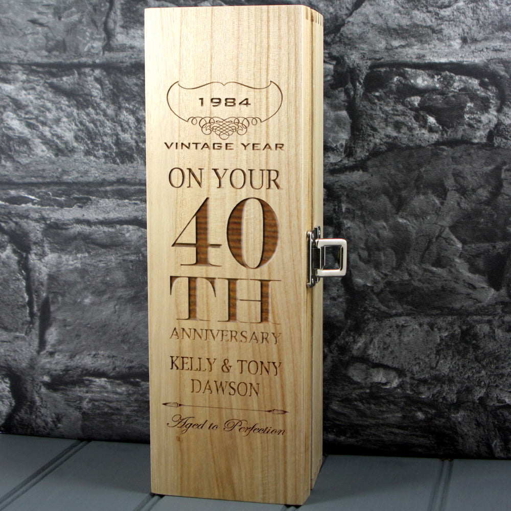 Single Wooden Champagne Box with Laser Engraving -40th Anniversary