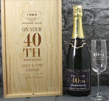 Load image into Gallery viewer, Single Champagne Bottle With A Printed Label With A Double Lasered Wooden Box and Engraved Glass- 40th Anniversary
