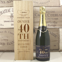 Load image into Gallery viewer, Single Bottle With A Custom Printed Label And Lasered Wooden Box- 40th Anniversary
