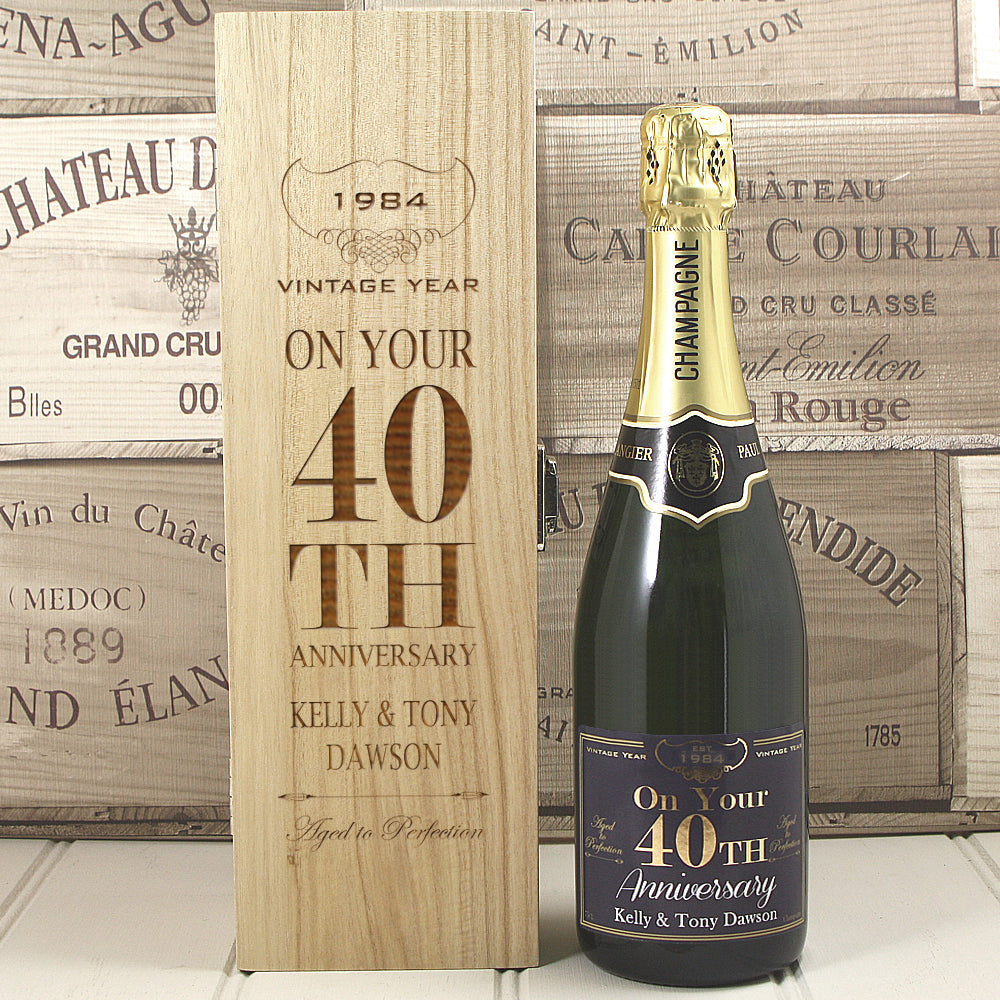 Single Bottle With A Custom Printed Label And Lasered Wooden Box- 40th Anniversary