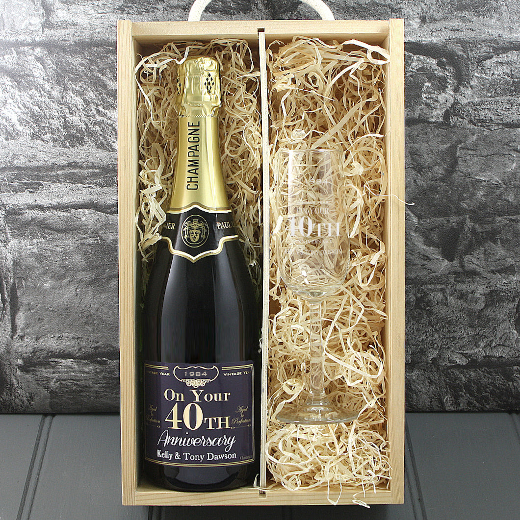 Single Champagne Bottle With A Printed Label With A Double Lasered Wooden Box and Engraved Glass- 40th Anniversary