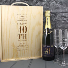 Load image into Gallery viewer, Single Champagne Bottle With A Printed Label, 2 Glasses &amp; Lasered Triple Wooden Box- 40th Birthday
