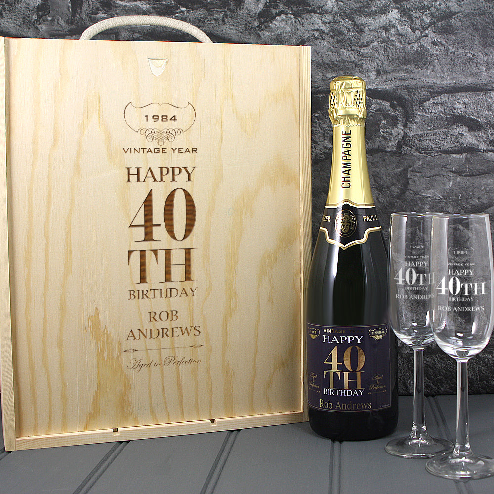 Single Champagne Bottle With A Printed Label, 2 Glasses & Lasered Triple Wooden Box- 40th Birthday