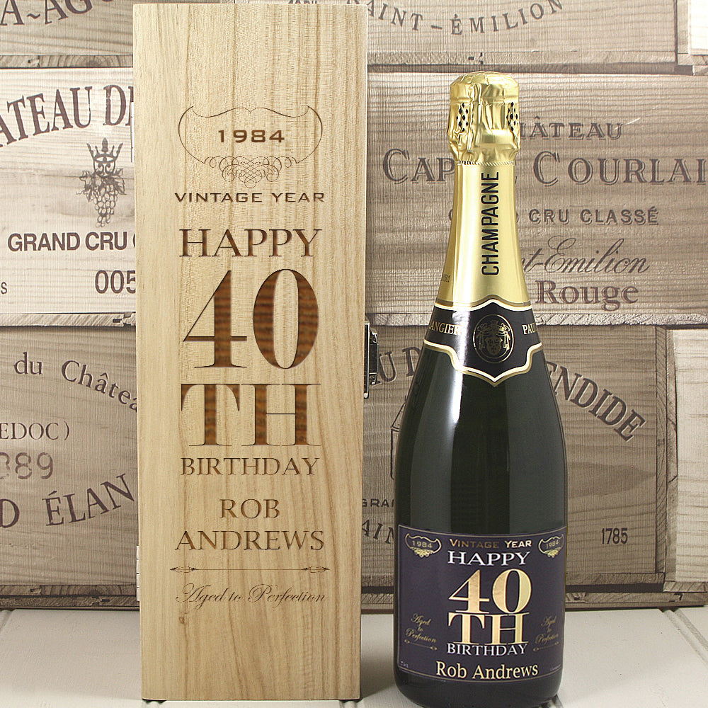 Single Bottle With A Custom Printed Label And Lasered Wooden Box- 40th Birthday