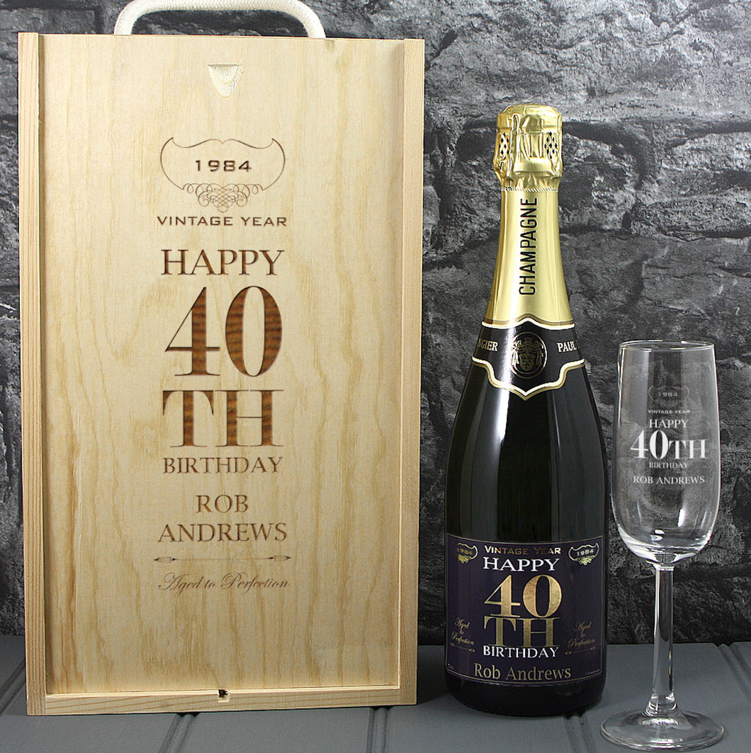 Single Champagne Bottle With A Printed Label With A Double Lasered Wooden Box and Engraved Glass- 40th Birthday