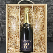 Load image into Gallery viewer, Single Champagne Bottle With A Printed Label, 2 Glasses &amp; Lasered Triple Wooden Box- 40th Birthday
