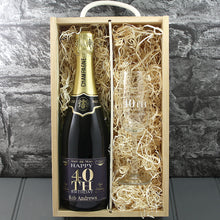 Load image into Gallery viewer, Single Champagne Bottle With A Printed Label With A Double Lasered Wooden Box and Engraved Glass- 40th Birthday
