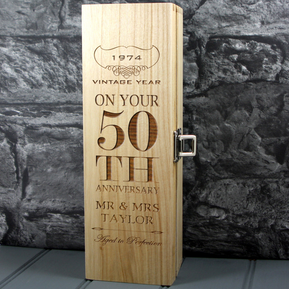 Single Wooden Champagne Box with Laser Engraving -50th Anniversary
