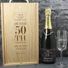 Load image into Gallery viewer, Single Champagne Bottle With A Printed Label With A Double Lasered Wooden Box and Engraved Glass- 50th Anniversary
