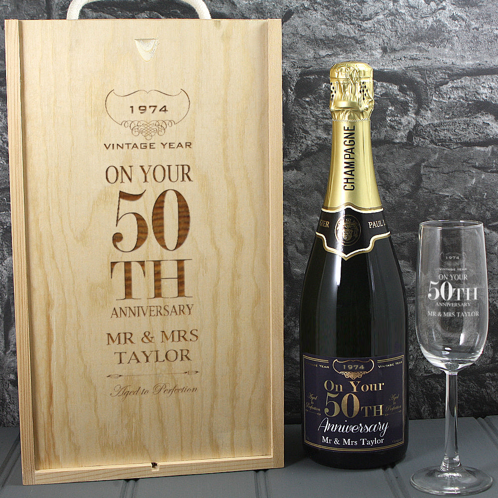 Single Champagne Bottle With A Printed Label With A Double Lasered Wooden Box and Engraved Glass- 50th Anniversary