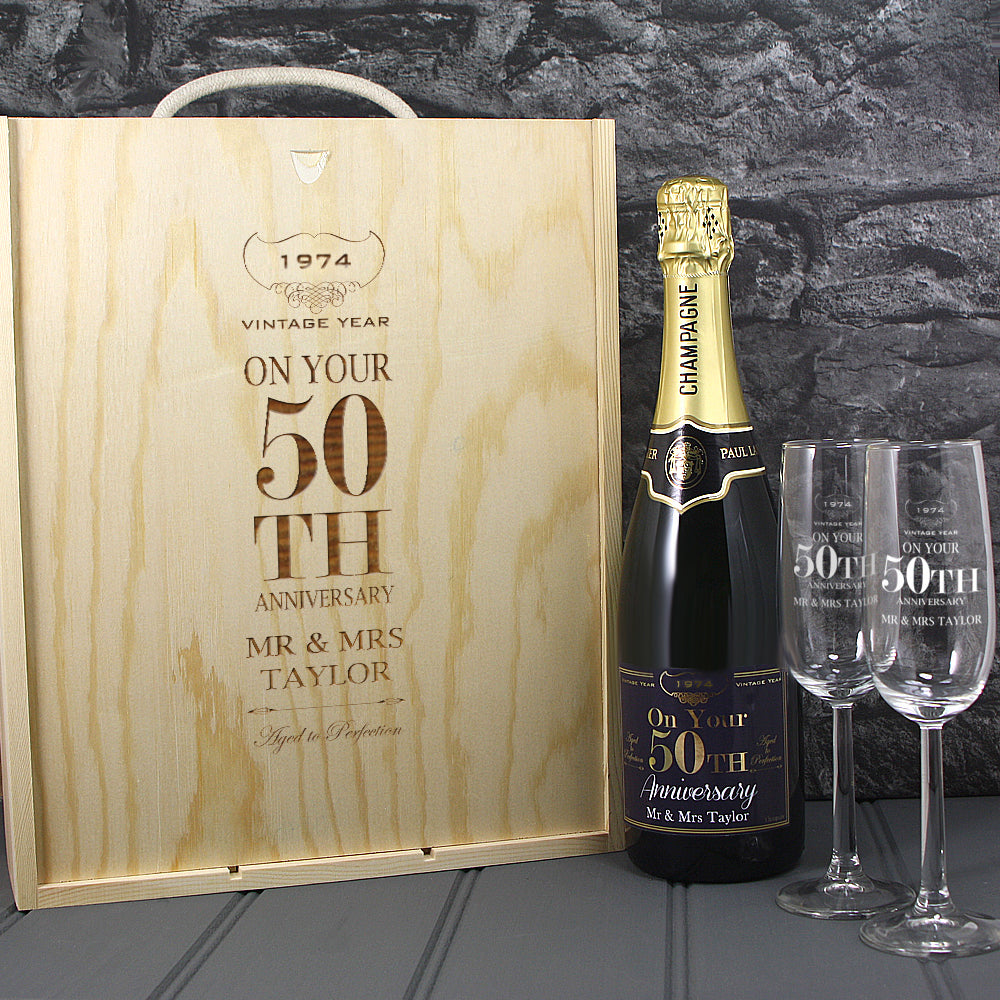 Single Champagne Bottle With A Printed Label, 2 Glasses & Lasered Triple Wooden Box- 50th Anniversary