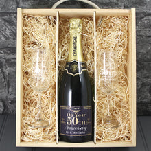 Load image into Gallery viewer, Single Champagne Bottle With A Printed Label, 2 Glasses &amp; Lasered Triple Wooden Box- 50th Anniversary
