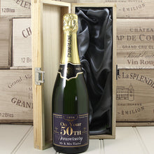 Load image into Gallery viewer, Single Bottle With A Custom Printed Label And Lasered Wooden Box- 50th Anniversary

