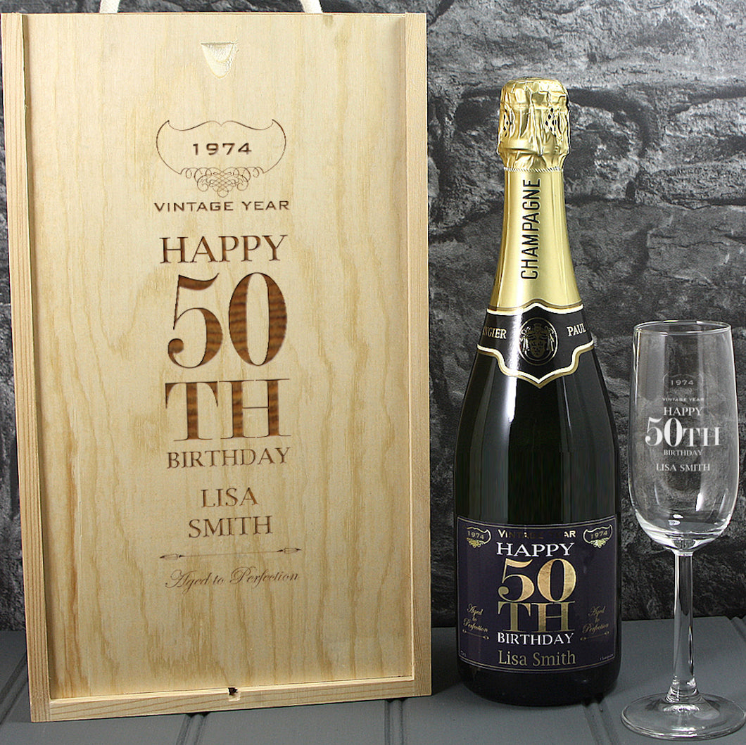 Single Bottle With A Printed Label With A Double Lasered Wooden Box and Engraved Glass- 50th Birthday