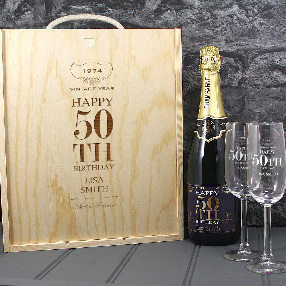 Single Champagne Bottle With A Printed Label, 2 Glasses & Lasered Triple Wooden Box- 50th Birthday