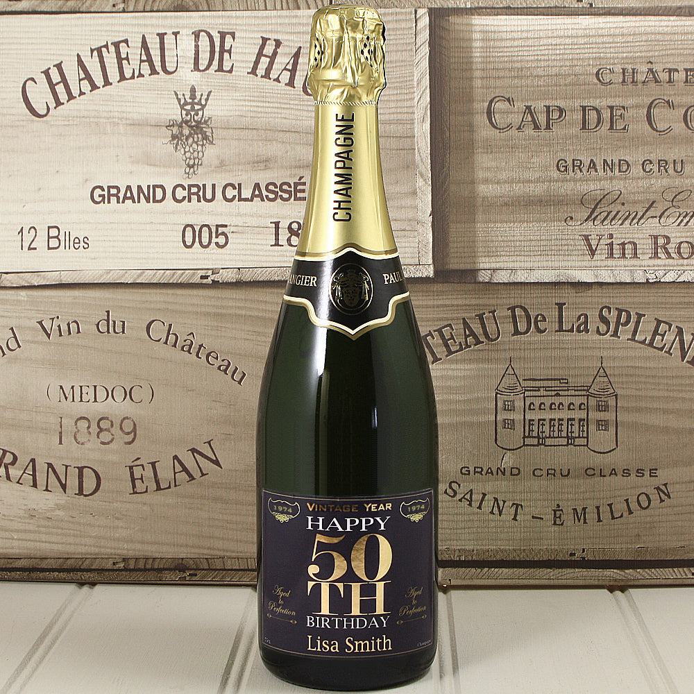 Single Bottle of Champagne with  Printed 50th Birthday Label