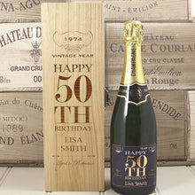 Load image into Gallery viewer, Single Bottle With A Custom Printed Label And Lasered Wooden Box- 50th Birthday

