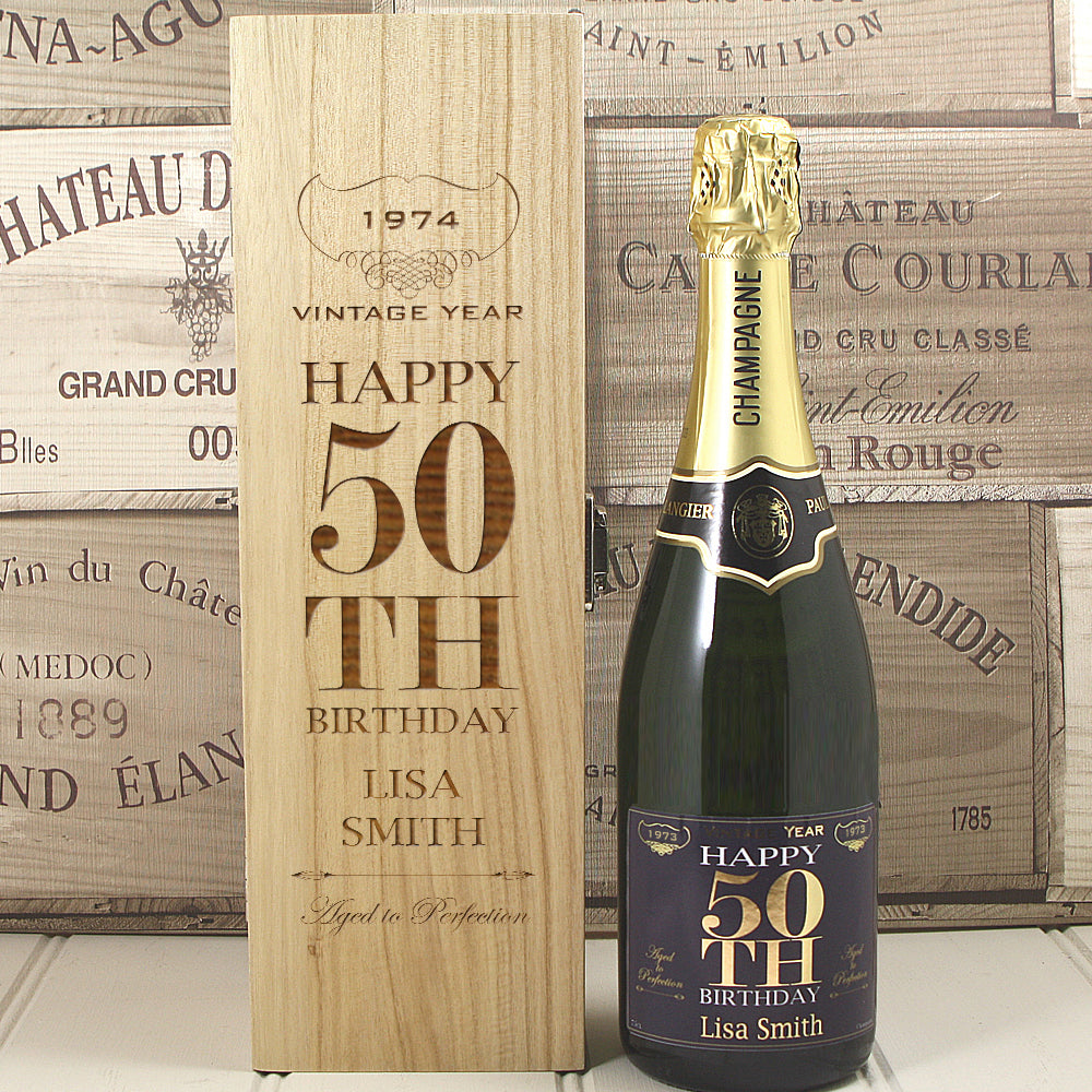 Single Bottle With A Custom Printed Label And Lasered Wooden Box- 50th Birthday