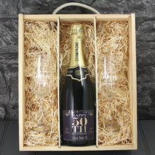 Load image into Gallery viewer, Single Champagne Bottle With A Printed Label, 2 Glasses &amp; Lasered Triple Wooden Box- 50th Birthday
