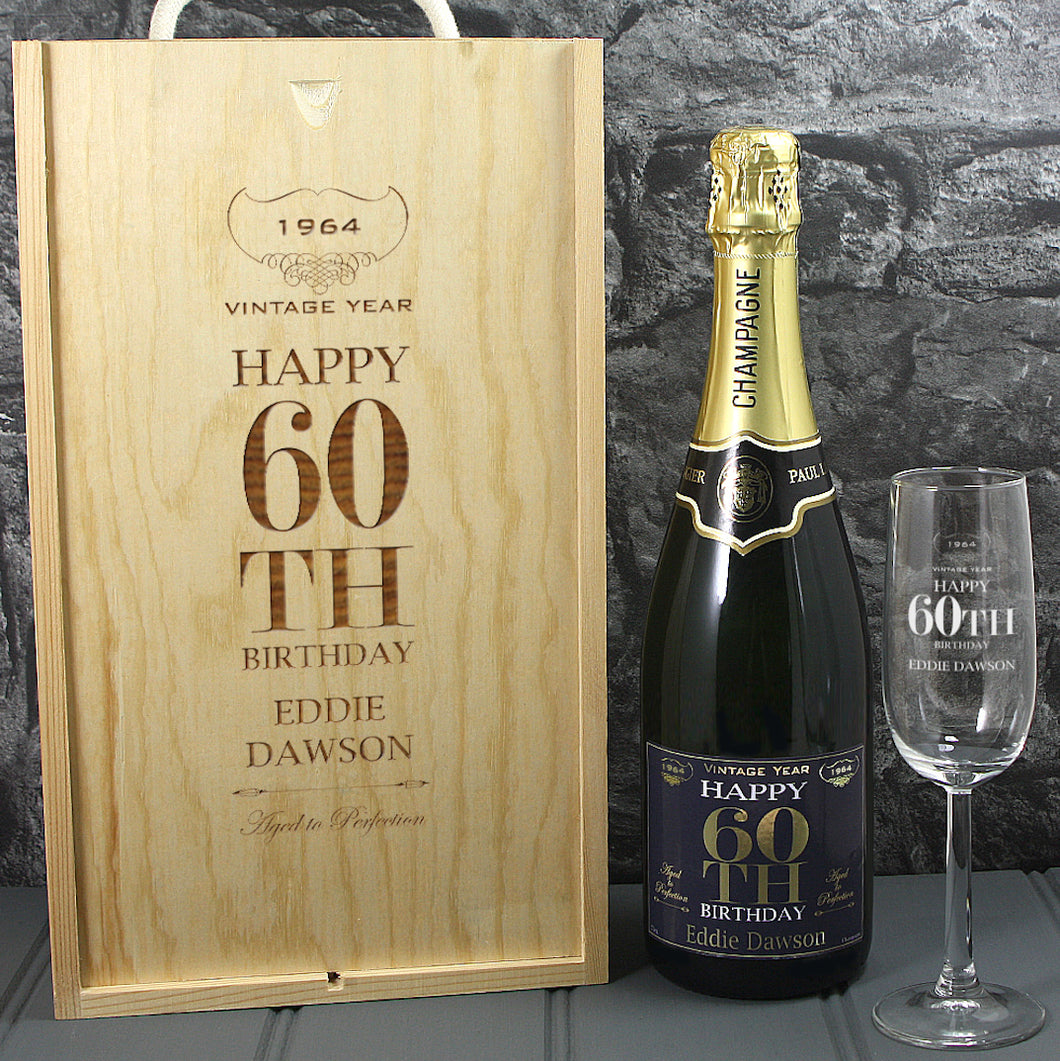 Single Champagne Bottle With A Printed Label With A Double Lasered Wooden Box and Engraved Glass- 60th Birthday
