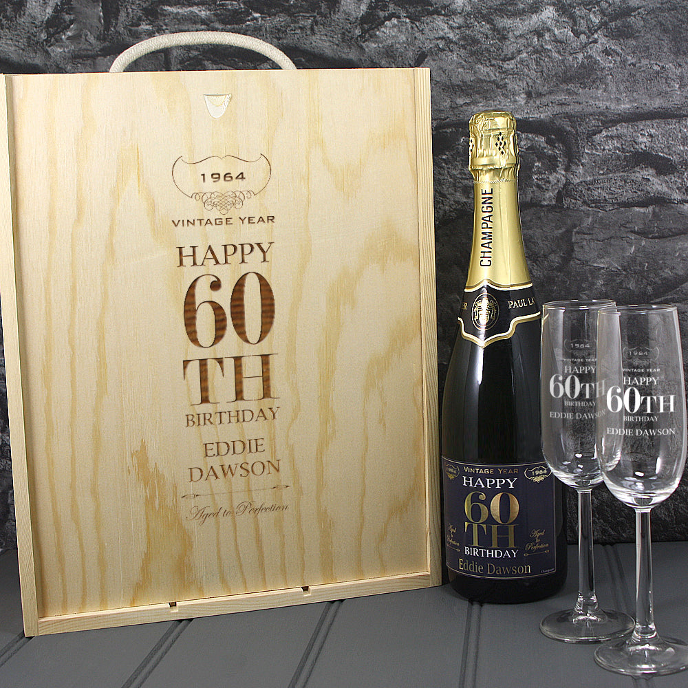 Single Champagne Bottle With A Printed Label, 2 Glasses & Lasered Triple Wooden Box- 60th Birthday