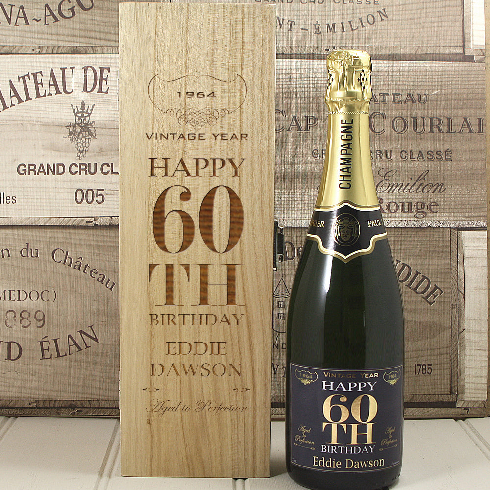 Single Bottle With A Custom Printed Label And Lasered Wooden Box- 60th Birthday