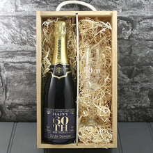 Load image into Gallery viewer, Single Champagne Bottle With A Printed Label With A Double Lasered Wooden Box and Engraved Glass- 60th Birthday
