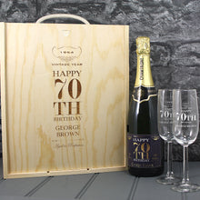 Load image into Gallery viewer, Single Champagne Bottle With A Printed Label, 2 Glasses &amp; Lasered Triple Wooden Box- 70th Birthday
