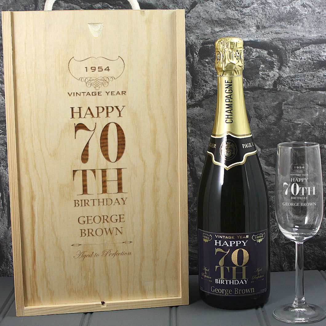 Single Champagne Bottle With A Printed Label With A Double Lasered Wooden Box and Engraved Glass- 70th Birthday